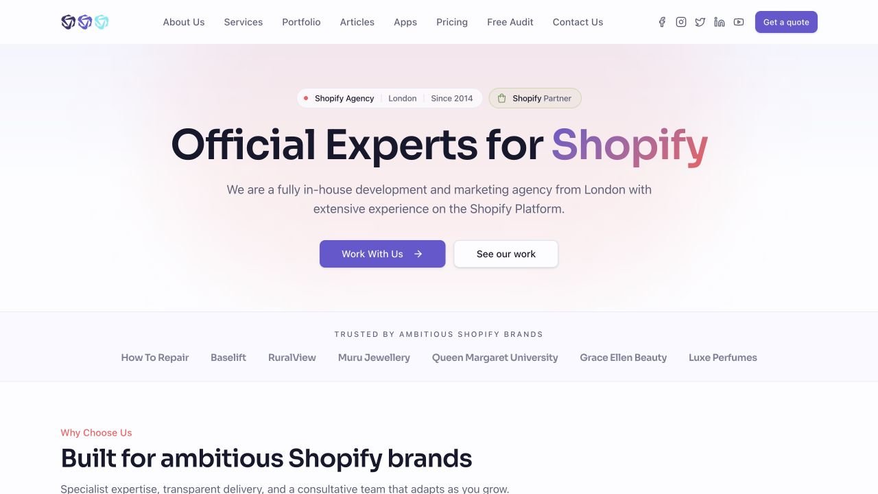 ExenLabs’ live website, with its original purple identity and Shopify positioning